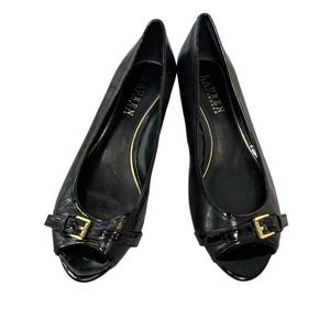 Ralph Lauren Shoes Flats Womens Slip Ons Leather Open Toe Dress Shoes Black 6.5